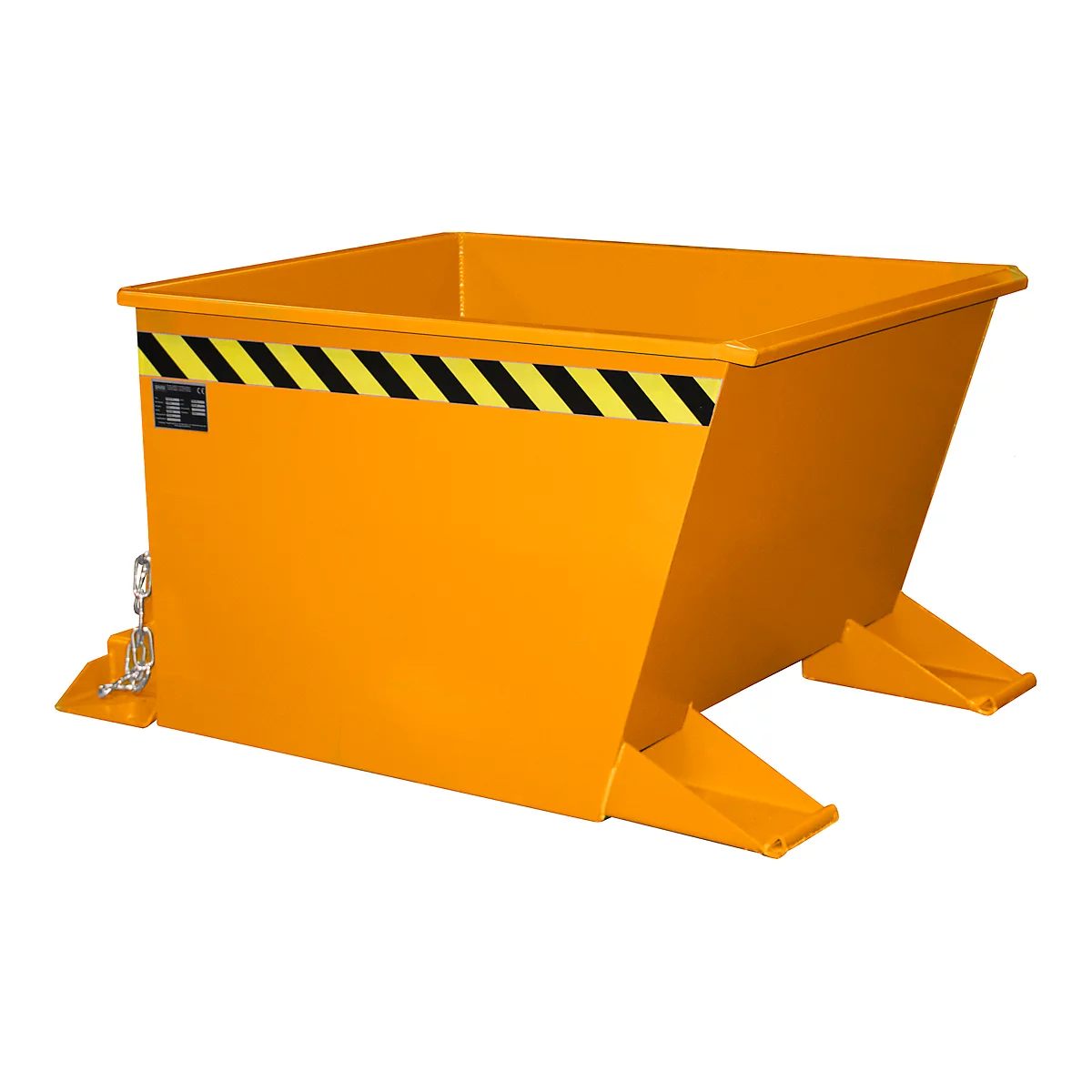 Bac basculant jaune avec des rayures noires et jaunes. Deux pieds à l'avant, suspension à chaîne à l'arrière.