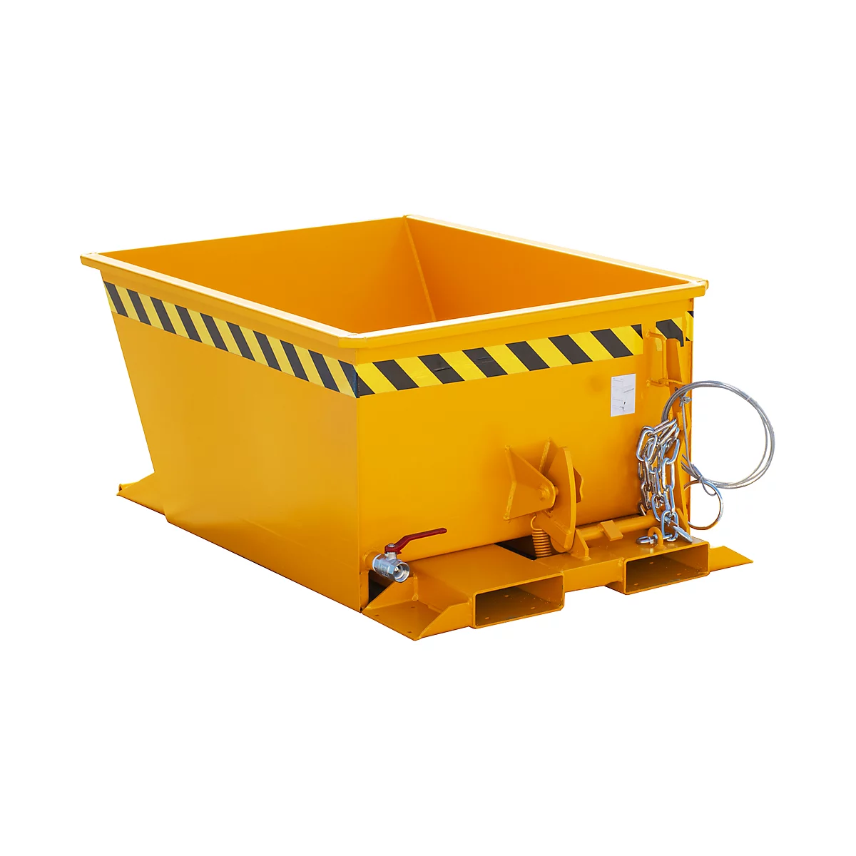 Bac en acier jaune avec bandes d'avertissement. Il est monté sur une palette, possède un robinet de vidange et un mécanisme de sécurité.