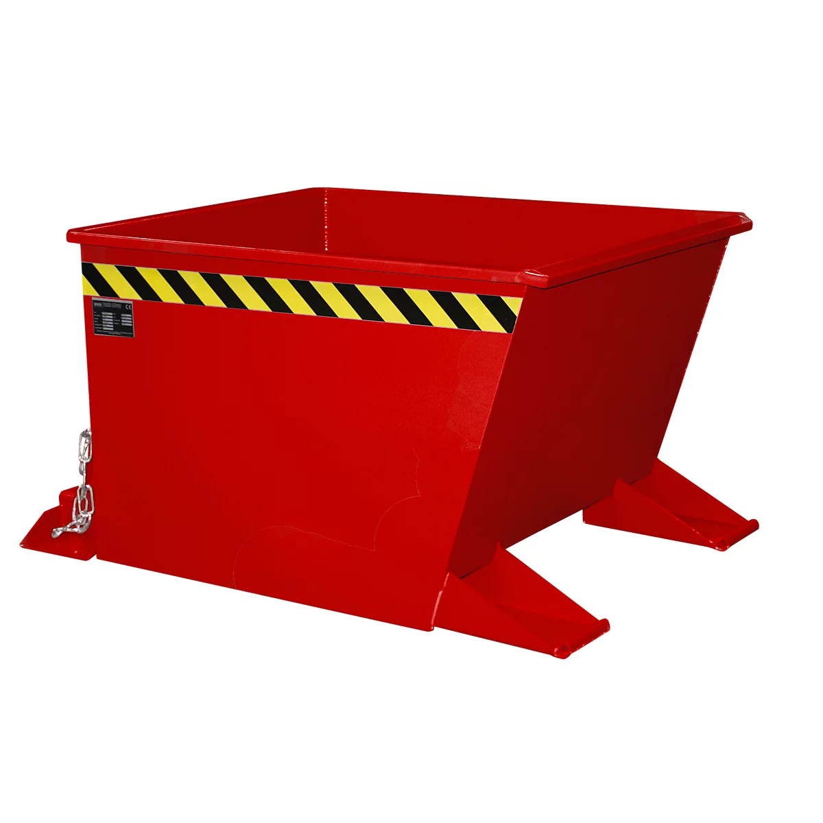 Benne rouge avec bande d'avertissement noire et jaune. Rectangulaire, biseauté. Sur deux pieds et avec chaînes.