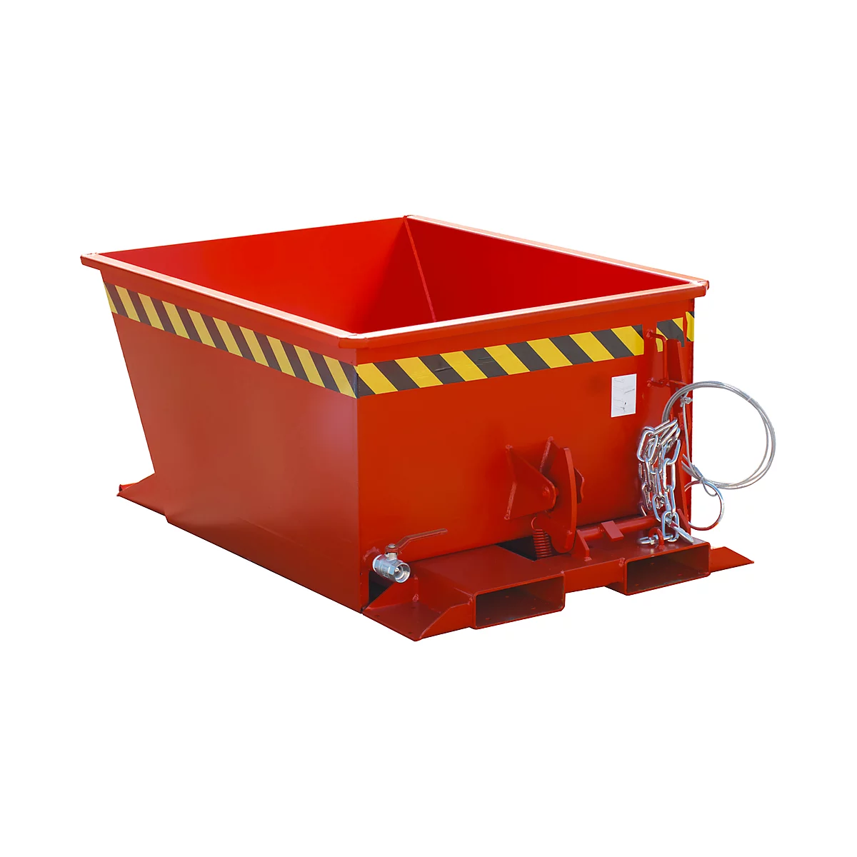 Conteneur rouge avec des bandes d'avertissement jaunes et noires. Le conteneur est fixé à une structure de palette, avec une chaîne.