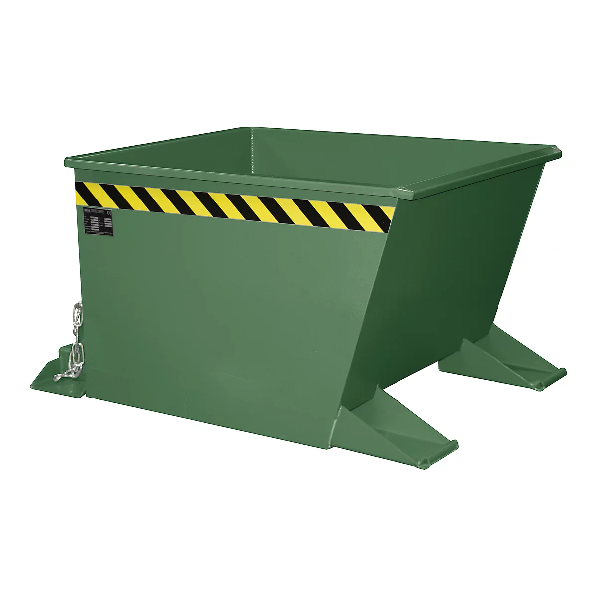 Conteneur vert trapézoïdal. Bandes jaunes et noires en haut, chaînes sur le côté.