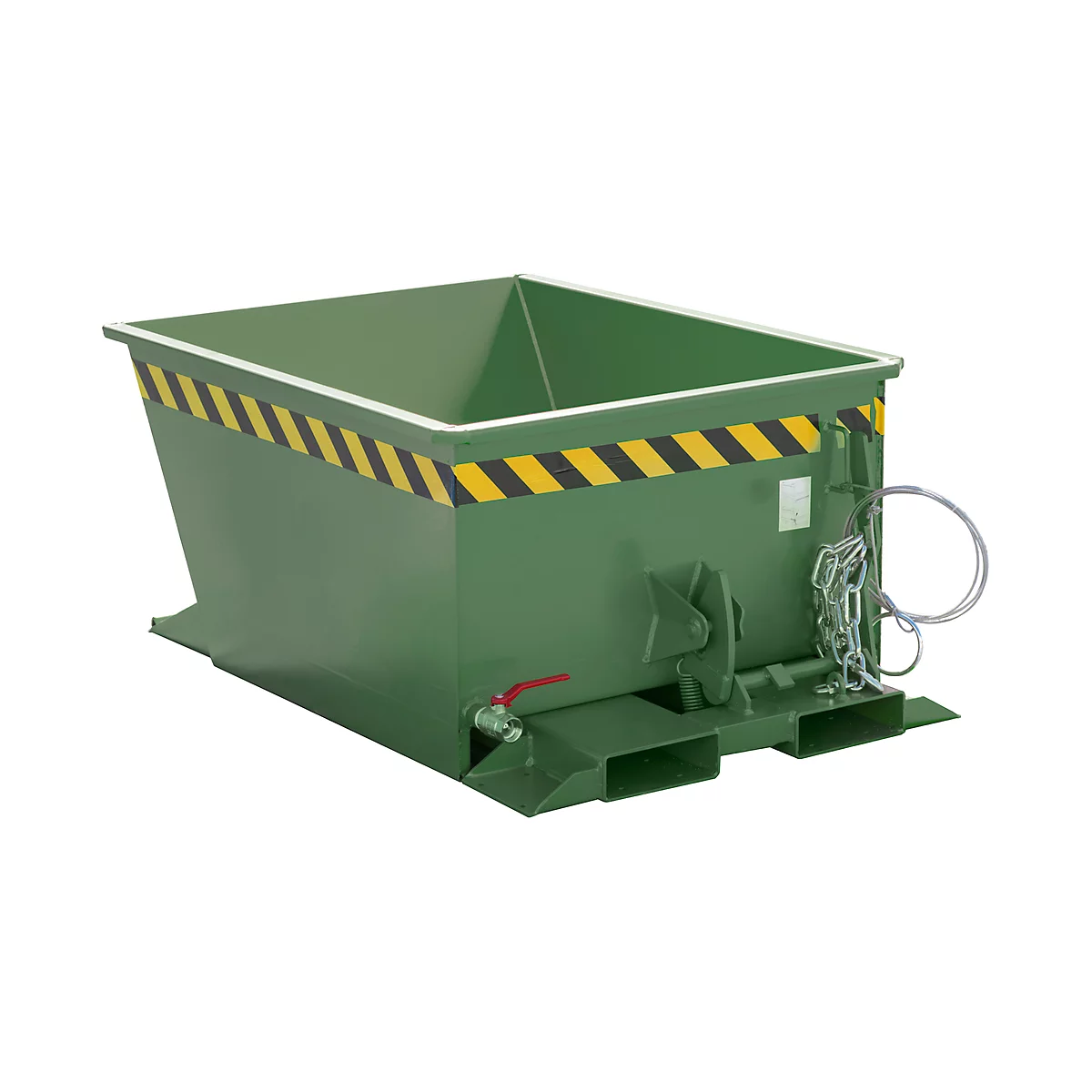 Conteneur en acier rectangulaire vert avec des marquages d'avertissement jaunes et noirs. Il repose sur une base, avec un robinet sur le côté.