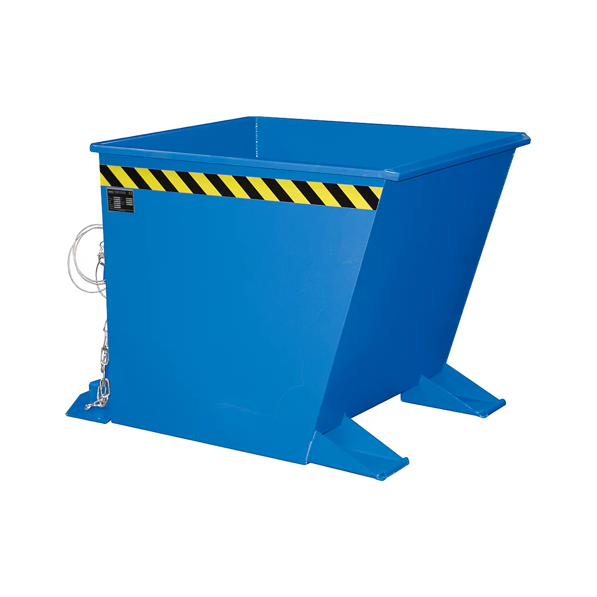 Conteneur de transport bleu, trapézoïdal, avec ruban d'avertissement jaune et noir, chaînes et pieds.
