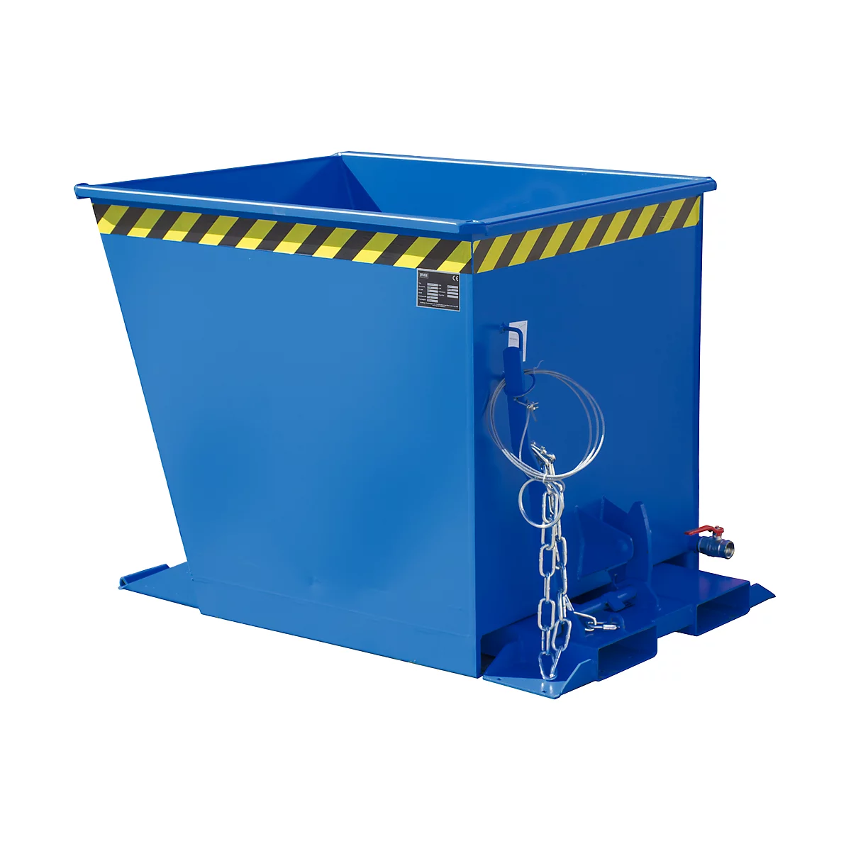 Conteneur en acier bleu, dessus avec des rayures noires et jaunes, chaîne et vanne de vidange.