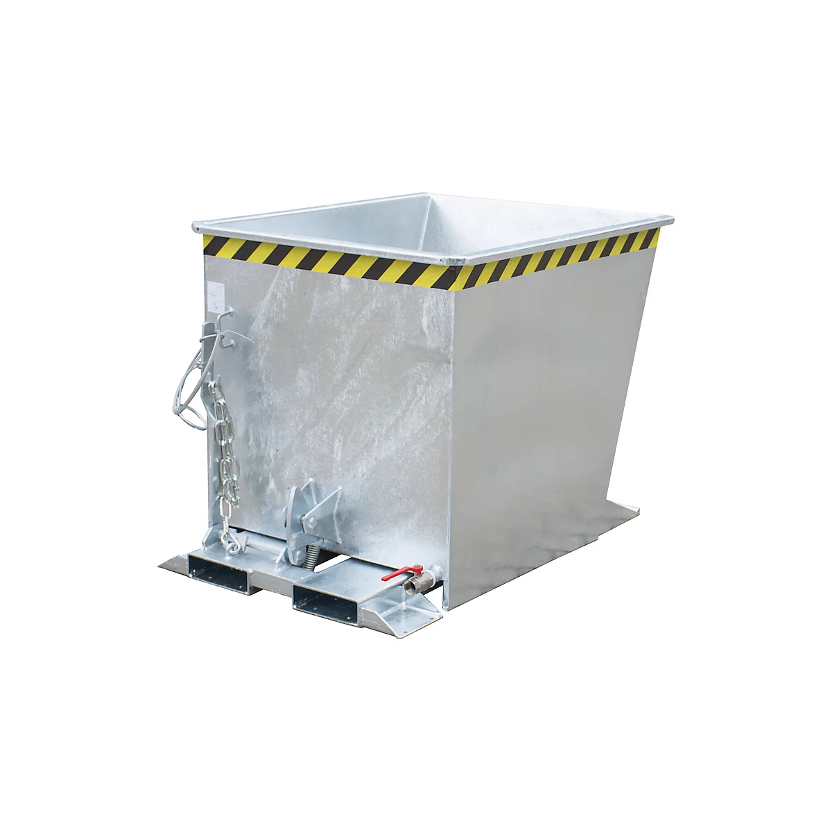 Conteneur en métal gris avec des bandes d'avertissement jaunes et noires, une chaîne et un robinet de vidange.