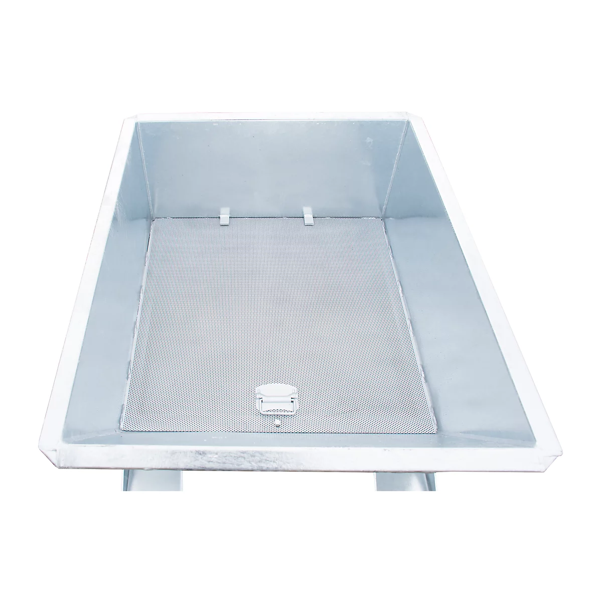 Bac métallique rectangulaire avec couvercle. Le bac est en métal gris, avec un insert perforé au fond.
