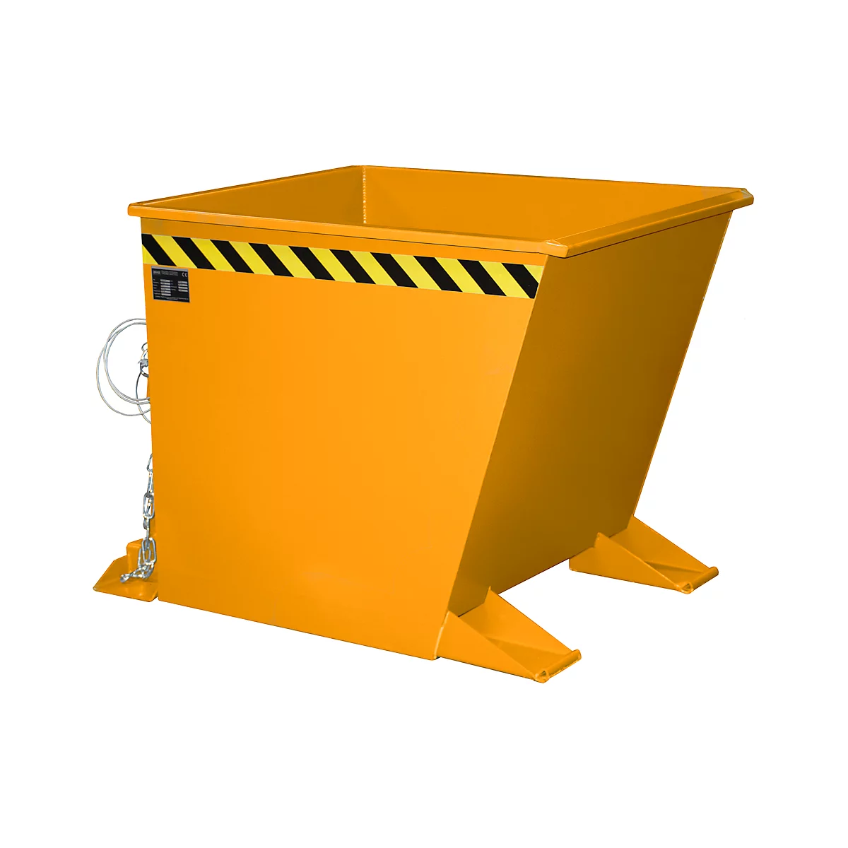 Benne basculante orange et angulaire avec des rayures d'avertissement jaunes et noires, une chaîne et un support.