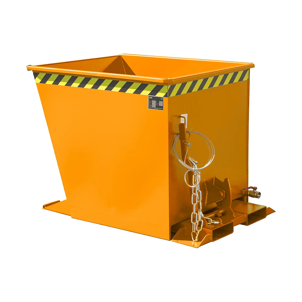 Une benne basculante orange avec des bandes d'avertissement noires et jaunes. Une chaîne et un support sont visibles.