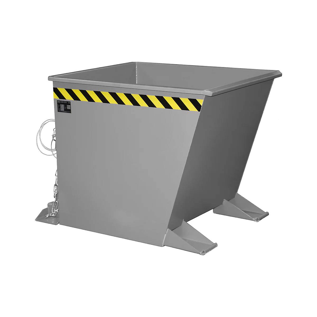 Bac en acier gris, trapézoïdal, avec bande d'avertissement jaune et noir.