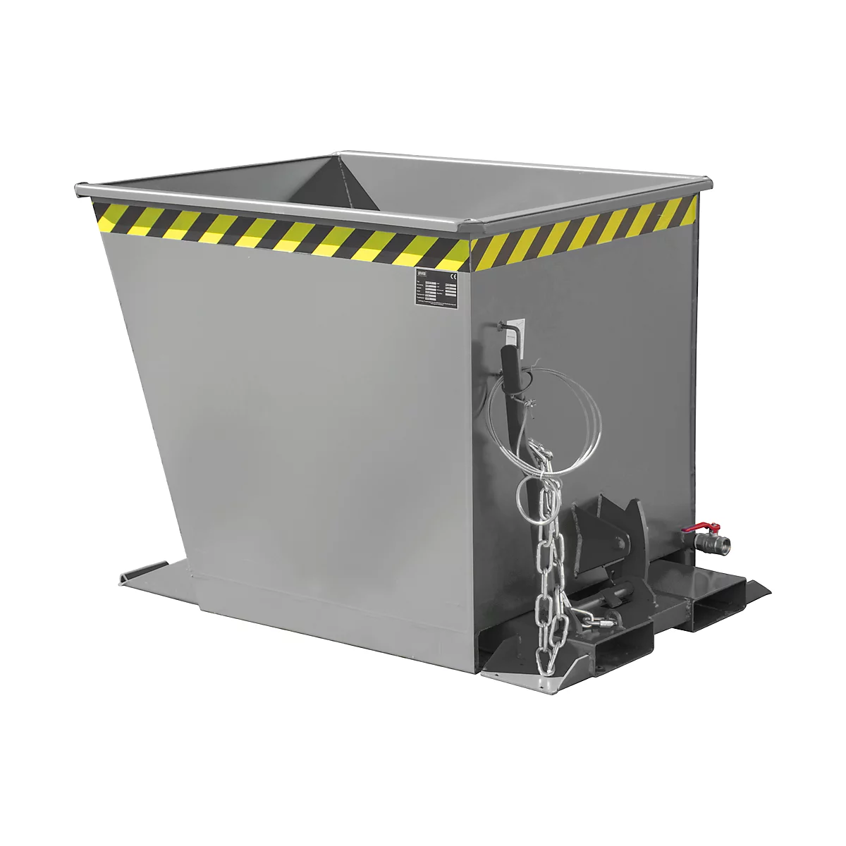 Conteneur industriel gris avec côtés inclinés. Bandes d'avertissement jaune et noir sur le dessus. Chaîne et vanne d'arrêt.