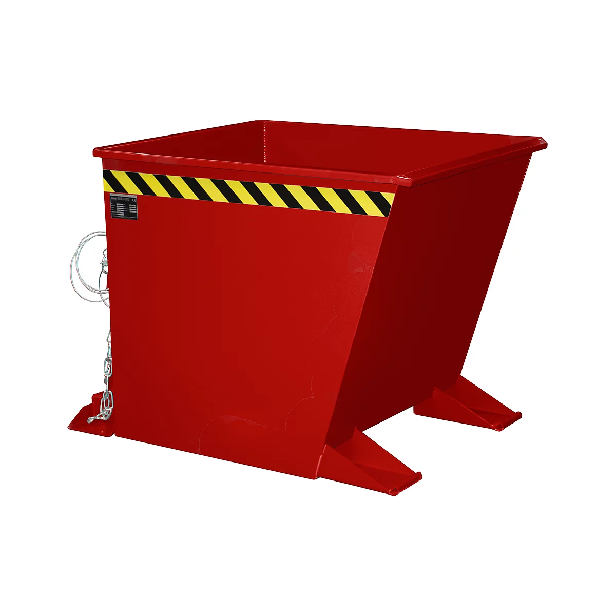 Bac basculant rouge avec une bande d'avertissement noire et jaune. Chaîne et fixations incluses.