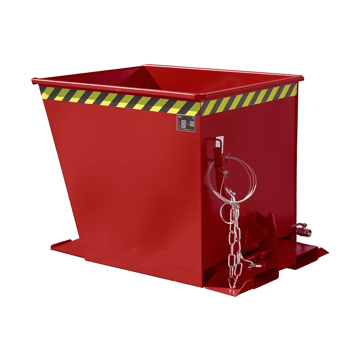 Conteneur basculant rouge avec bande d'avertissement jaune et noir. Chaîne et goupille de sécurité.