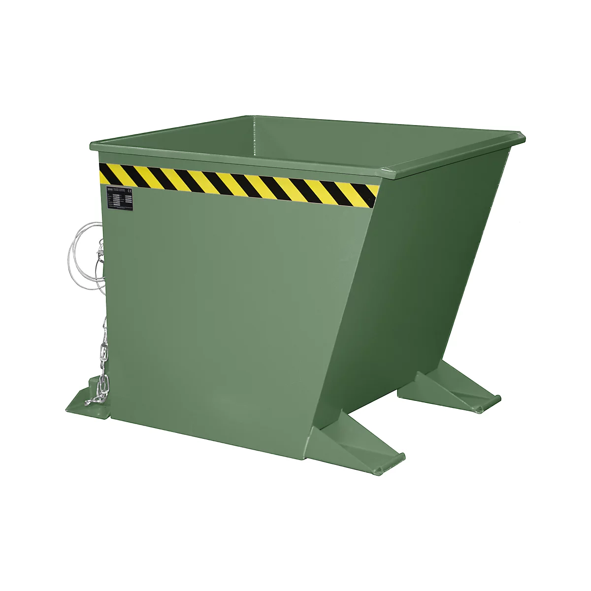 Benne en acier trapézoïdale verte avec bande d'avertissement noire et jaune. Chaîne et pieds visibles.