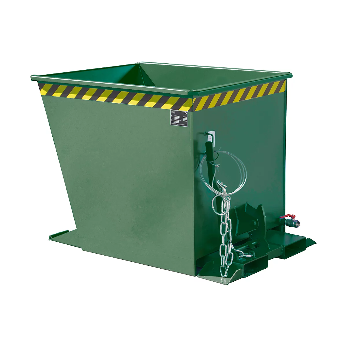 Conteneur en acier vert avec rayures d'avertissement jaunes et noires. Chaîne, anneau et robinet sur le côté.