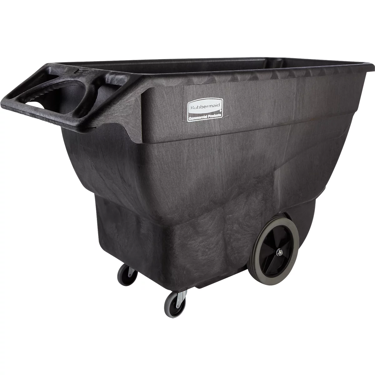 Conteneur à déchets noir roulant avec poignées, deux grandes roues et deux petites roulettes.