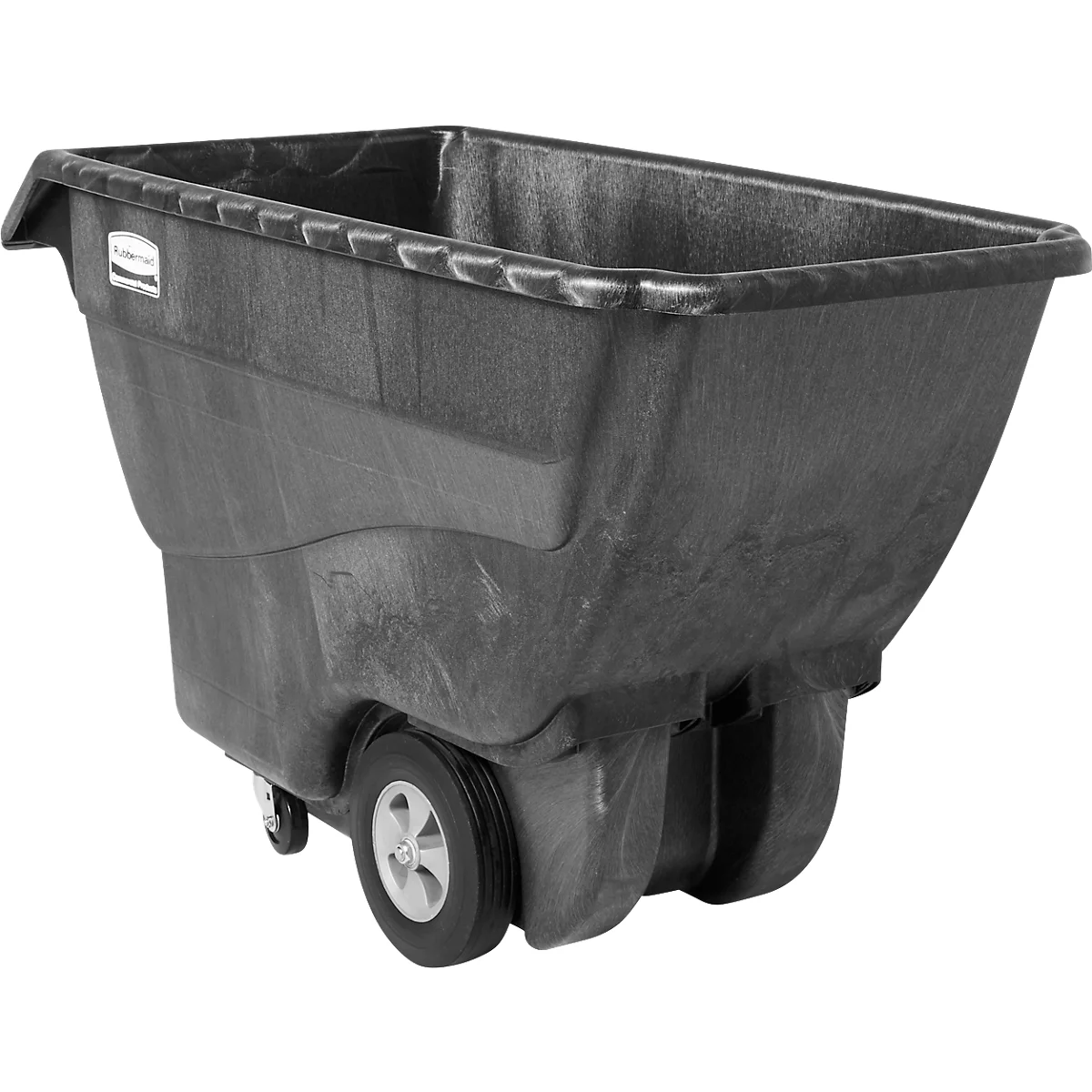 Poubelle noire rectangulaire sur roues, pour le transport. Le logo "Rubbermaid" est clairement visible.