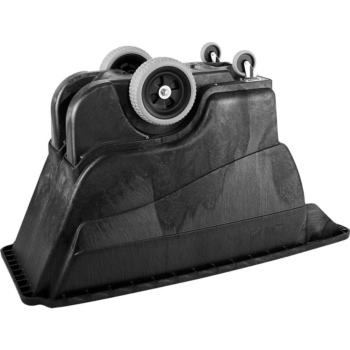 Appareil en plastique noir avec des roues, probablement un chariot à outils.
