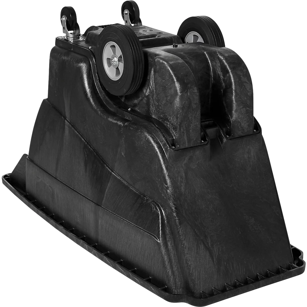 Boîte noire avec des roues fixées sur le dessus. La boîte a une surface rugueuse et une base rectangulaire.