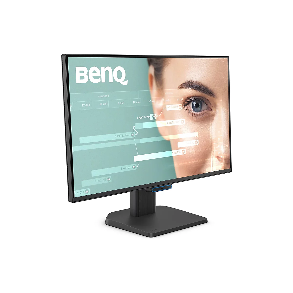 Un moniteur noir de la marque BenQ avec une partie d'un visage en arrière-plan.