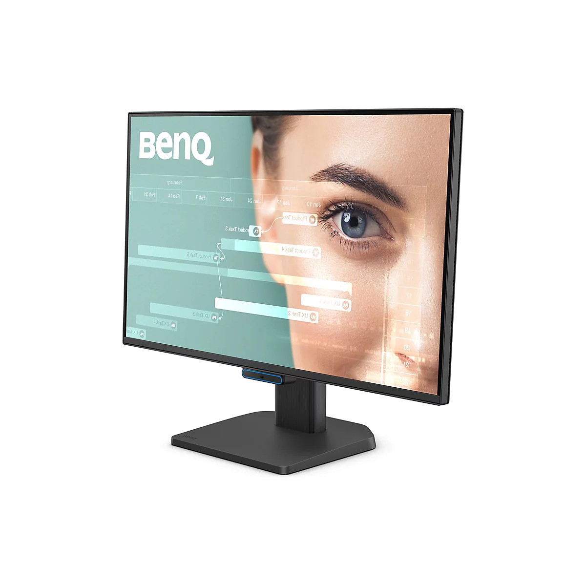 Un moniteur BenQ noir affichant un œil avec un iris bleu-gris. Le moniteur a une base noire et des accents bleus.