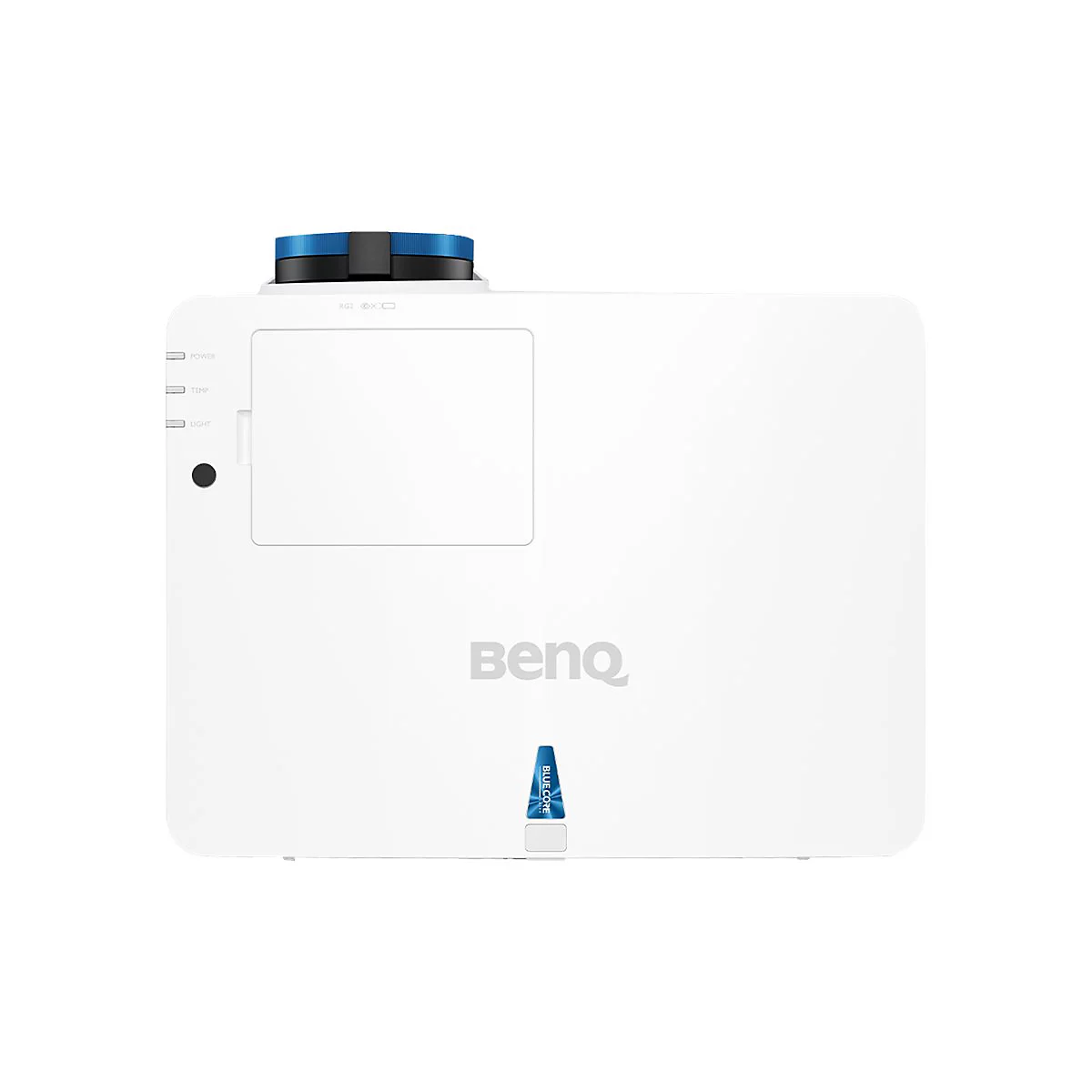 Projecteur BenQ blanc. Au-dessus de l'objectif se trouve un élément bleu-noir, en dessous le logo BenQ et le logo BlueCore.