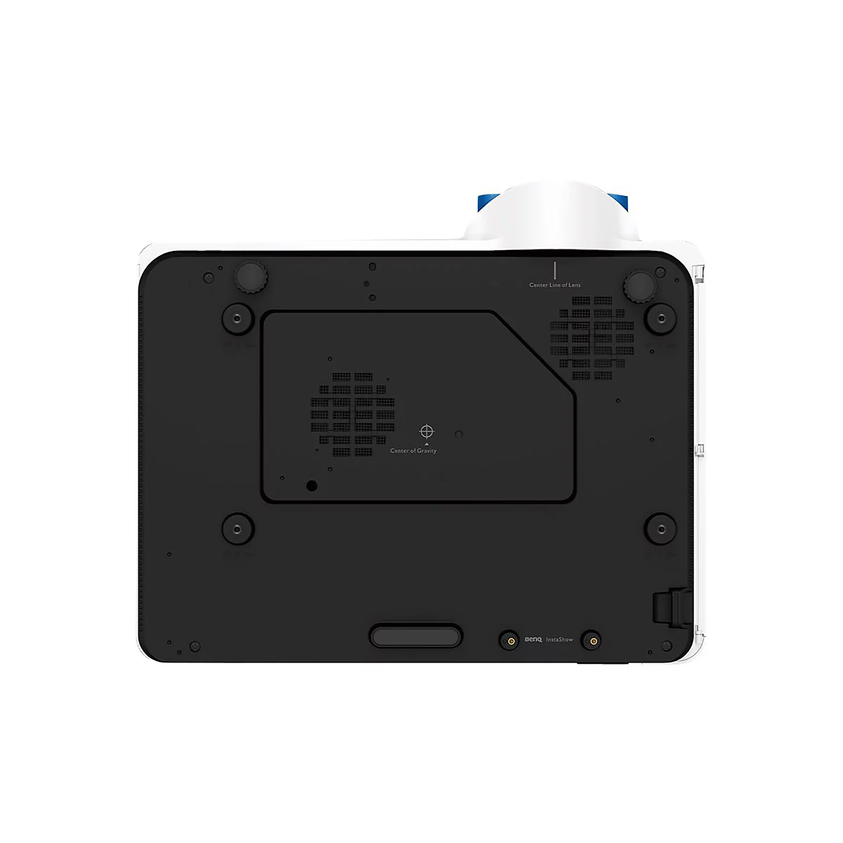 Vue de dessus d'un projecteur noir avec un dessus blanc. Inscription : 'Center Line of Lens', 'Center of Gravity'.