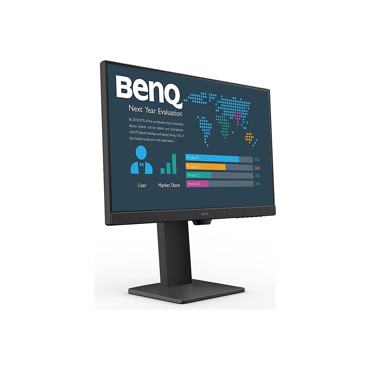 Schwarzer BenQ Monitor mit Infografiken zu Marktanteilen. Auf dem Bildschirm sind Balkendiagramme und Text zu sehen.