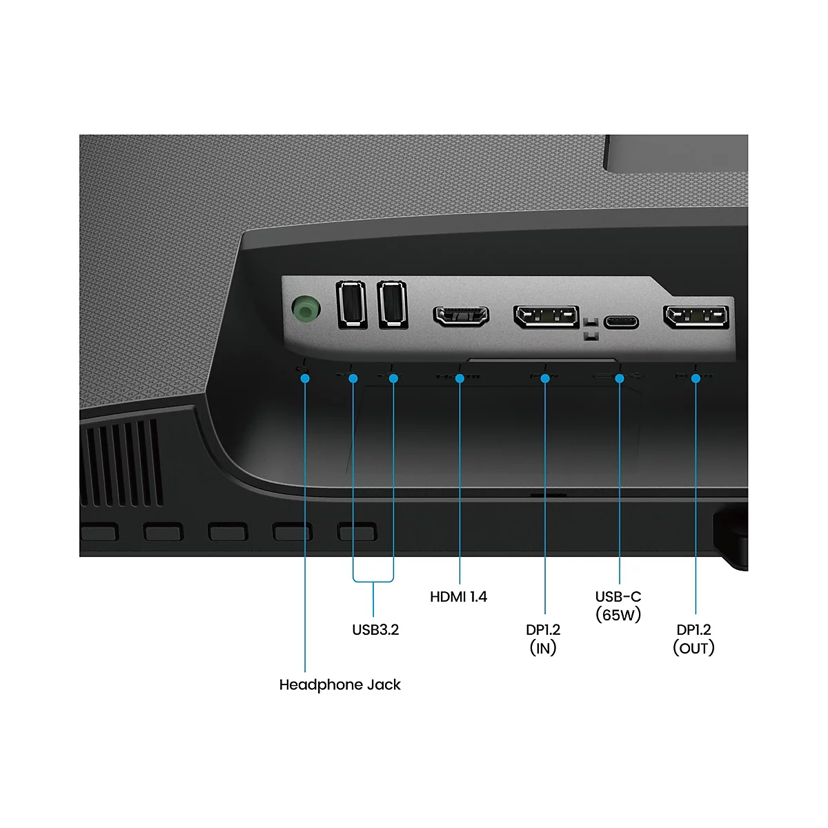 Nahaufnahme der Rückseite eines Monitors mit verschiedenen Anschlüssen: Kopfhöreranschluss, USB 3.2, HDMI 1.4, DP1.2 (IN), USB-C (65W) und DP1.2 (OUT).