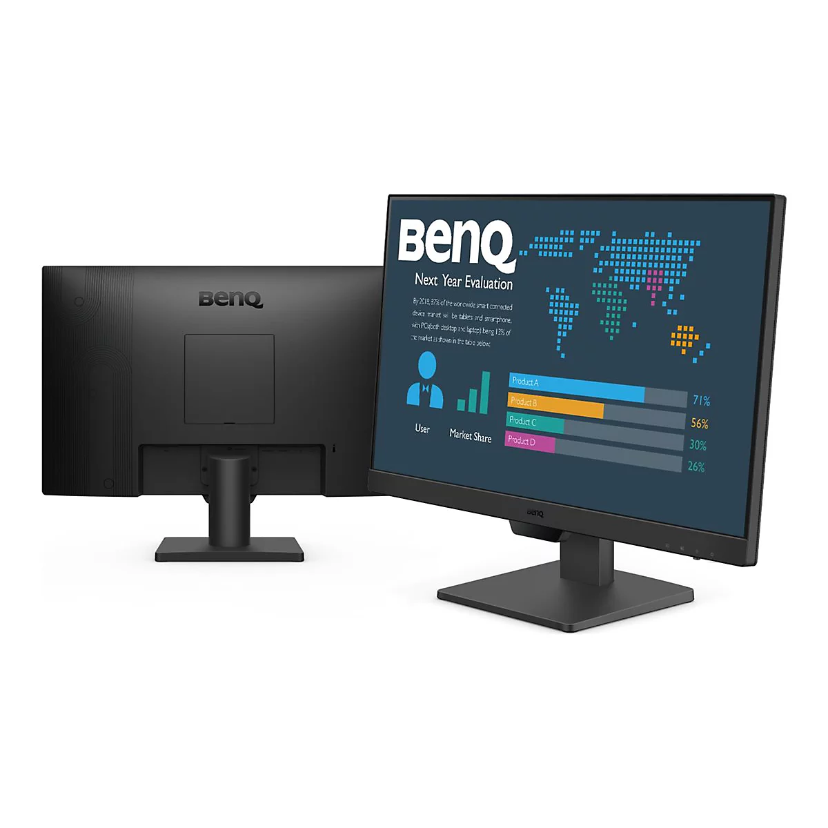 Zwei schwarze BenQ-Monitore. Der Bildschirm eines Monitors zeigt eine Grafik zur Marktentwicklung.