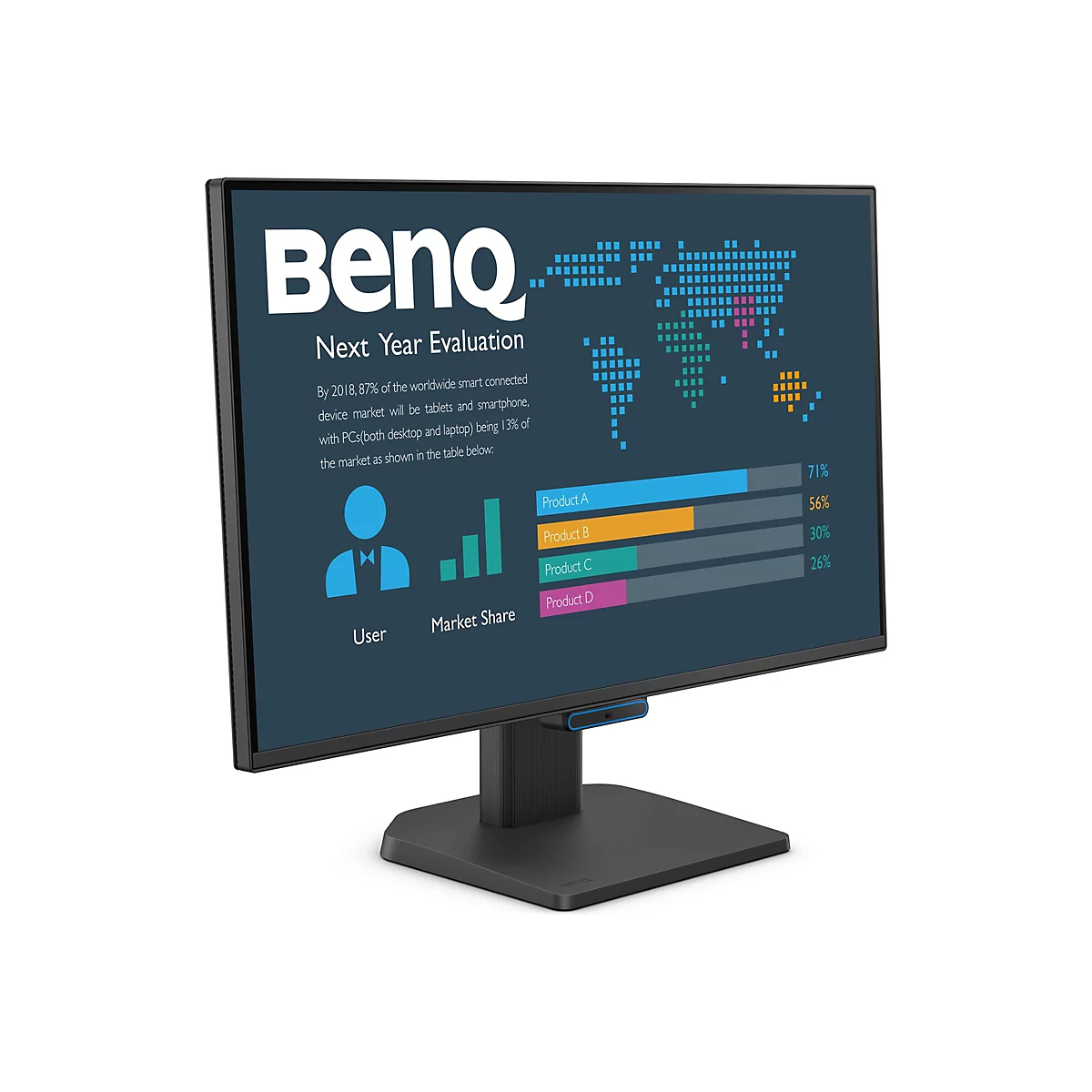 Ein BenQ-Monitor mit Bildschirm, der eine Analyse zeigt. Der Text zeigt Marktanteile und eine Weltkarte mit Datenpunkten.