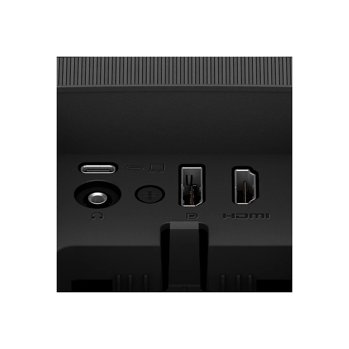 Nahaufnahme der Anschlussbuchsen eines Monitors: USB-C, Kopfhöreranschluss, DisplayPort und HDMI.