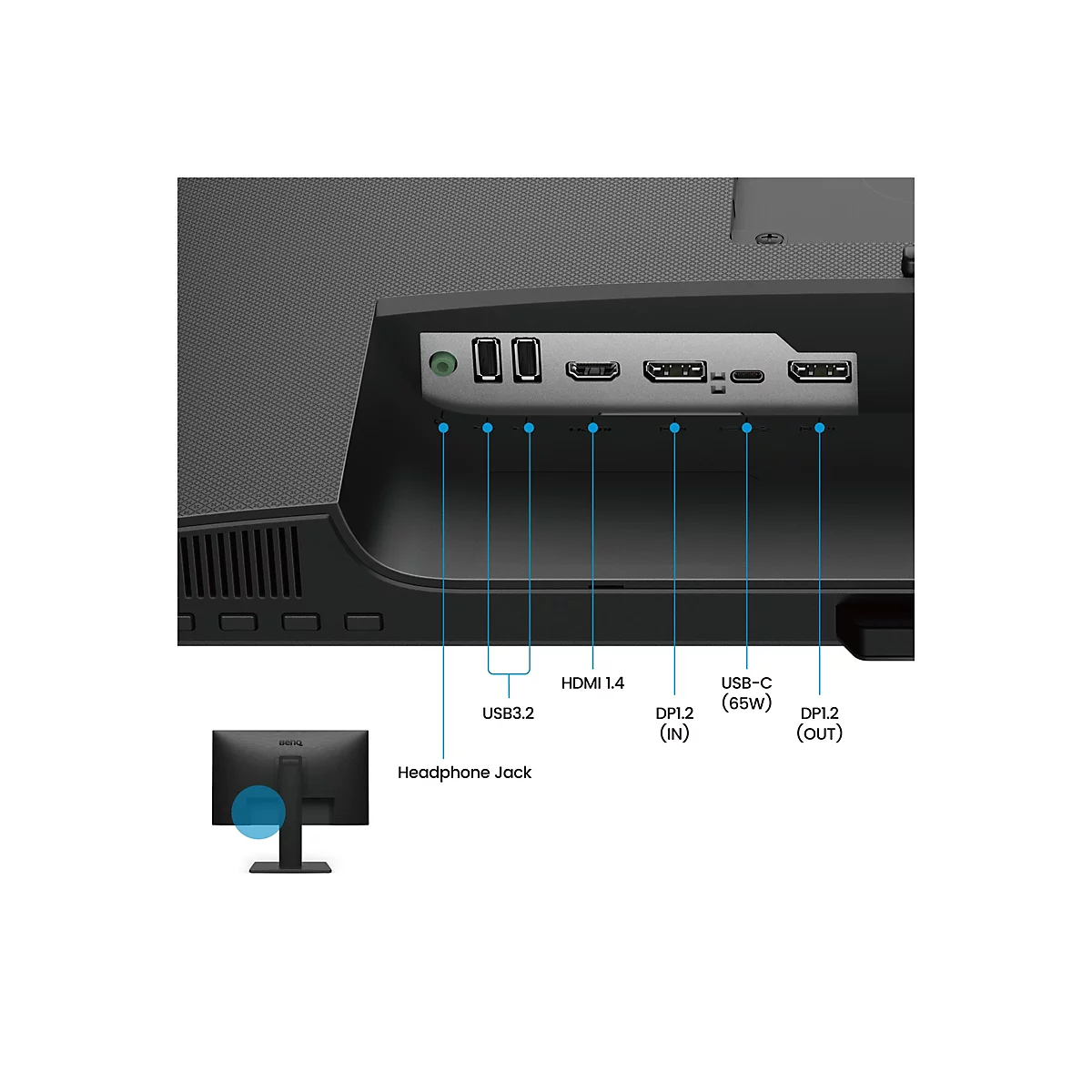 Gros plan de l'arrière d'un moniteur noir avec des ports étiquetés USB 3.2, HDMI 1.4, USB-C et DP1.2. Un logo BenQ est en bas.