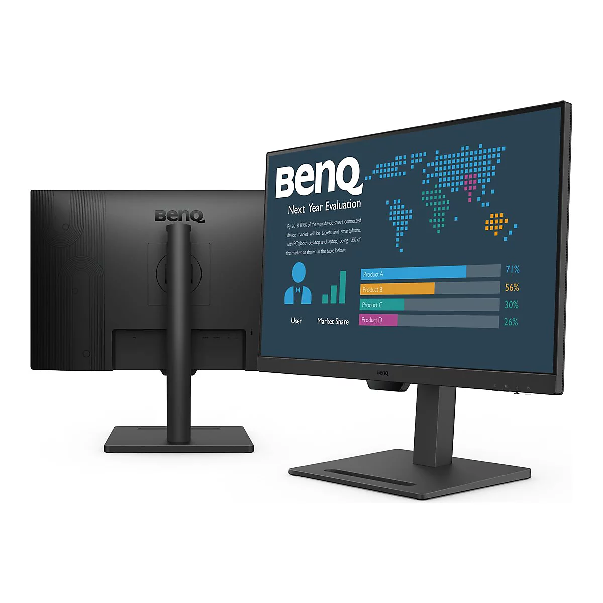 Zwei schwarze BenQ-Monitore, einer zeigt Grafiken zur Marktanalyse. Auf dem anderen ist das BenQ-Logo zu sehen.