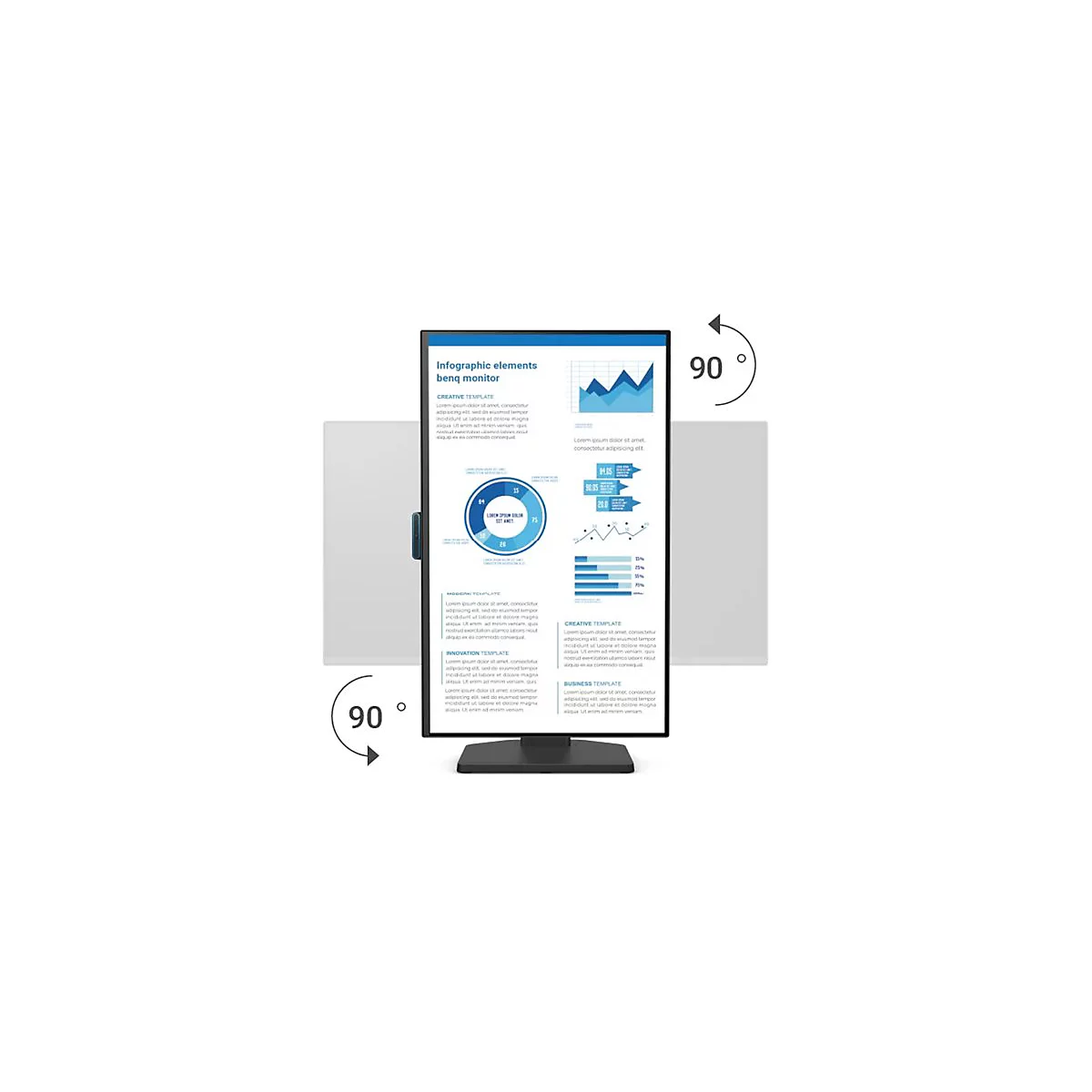 Un moniteur rotatif affichant des infographies. Deux flèches à 90 degrés chacune indiquent la fonction de rotation.