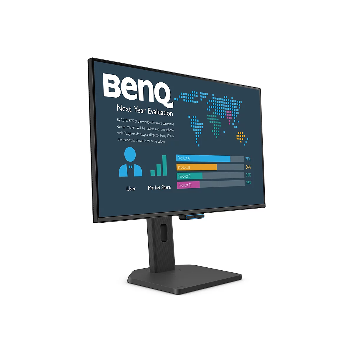 Ein BenQ-Monitor mit Infografik zur Marktentwicklung. Auf dem Bildschirm sind Balkendiagramme und eine Weltkarte zu sehen.