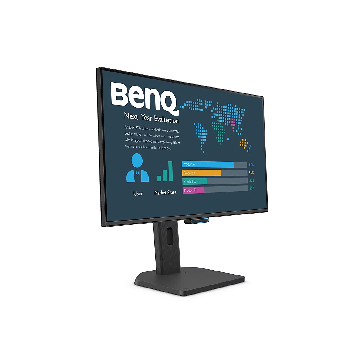 Ein schwarzer BenQ-Monitor mit Text und Diagrammen. Der Bildschirm zeigt Marktdaten mit Balkendiagrammen, Text und einer Weltkarte. 