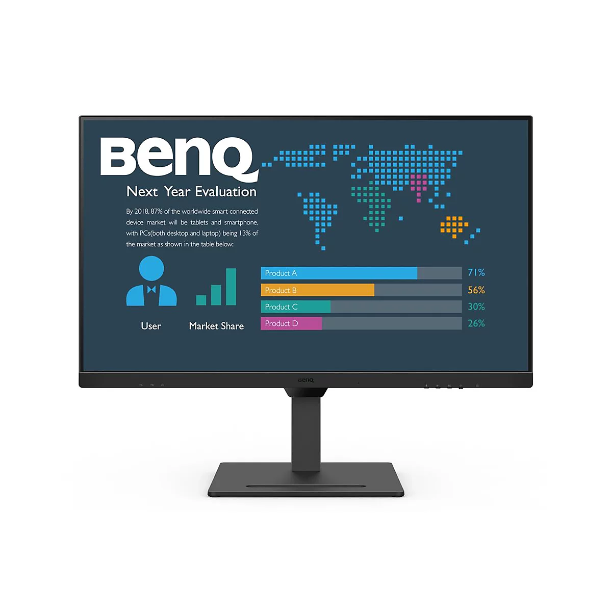 Moniteur BenQ affichant des infographies de part de marché. L'écran affiche une carte du monde et des graphiques à barres.