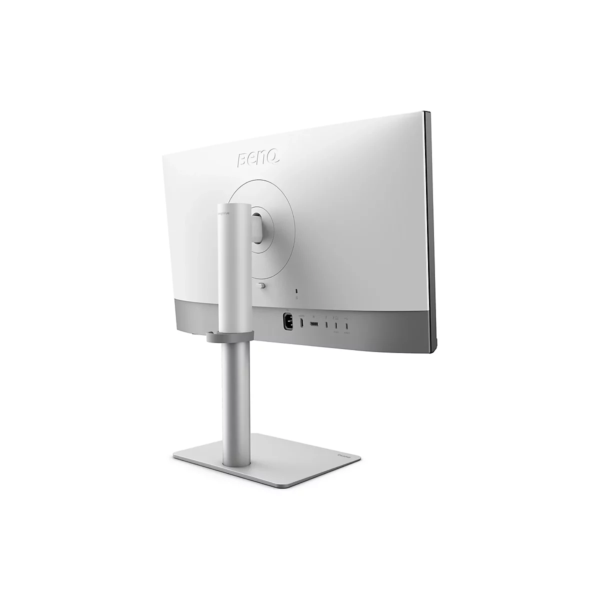 Le moniteur blanc montre l'arrière avec support et logo. Les connexions sont visibles.