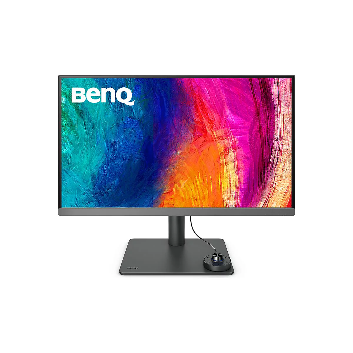 Grauer Monitor von BenQ mit buntem Display, auf weißem Hintergrund. Mit Bedienelement.