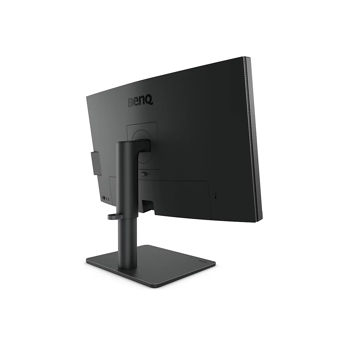 Rückansicht eines schwarzen BenQ Monitors auf einem Standfuß vor weißem Hintergrund.