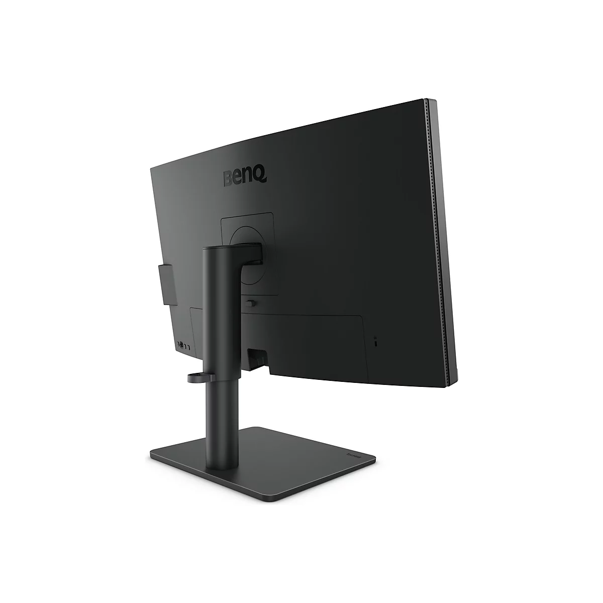 Rückansicht eines schwarzen BenQ Monitors mit höhenverstellbarem Standfuß auf weißem Hintergrund.