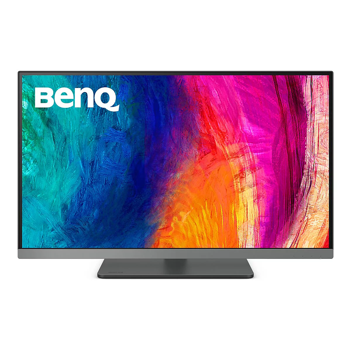 BenQ Monitor vor weißem Hintergrund mit abstraktem, farbenfrohem Displayhintergrund.