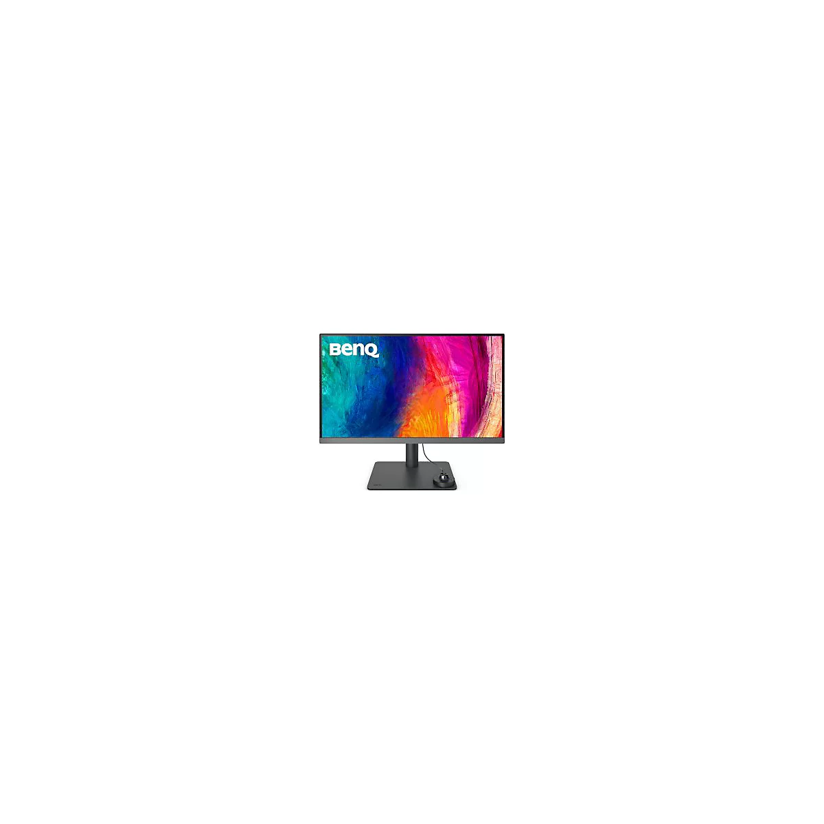 BenQ Monitor mit buntem, abstraktem Display-Hintergrundbild und Bedienrad auf dem flachen Standfuß.