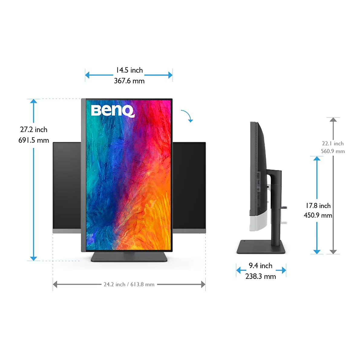 Technische Zeichnung eines BenQ-Monitors in Hoch- und Querformat mit detaillierten Maßangaben.