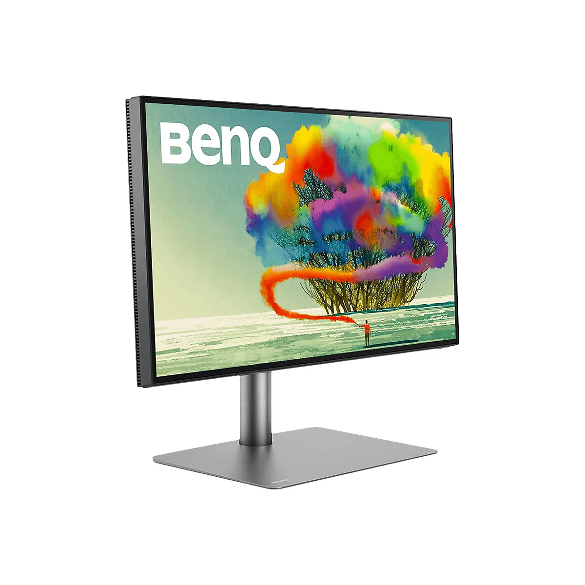 Monitor mit farbenfrohem Kunstwerk; BenQ-Logo. Metallfuß.
