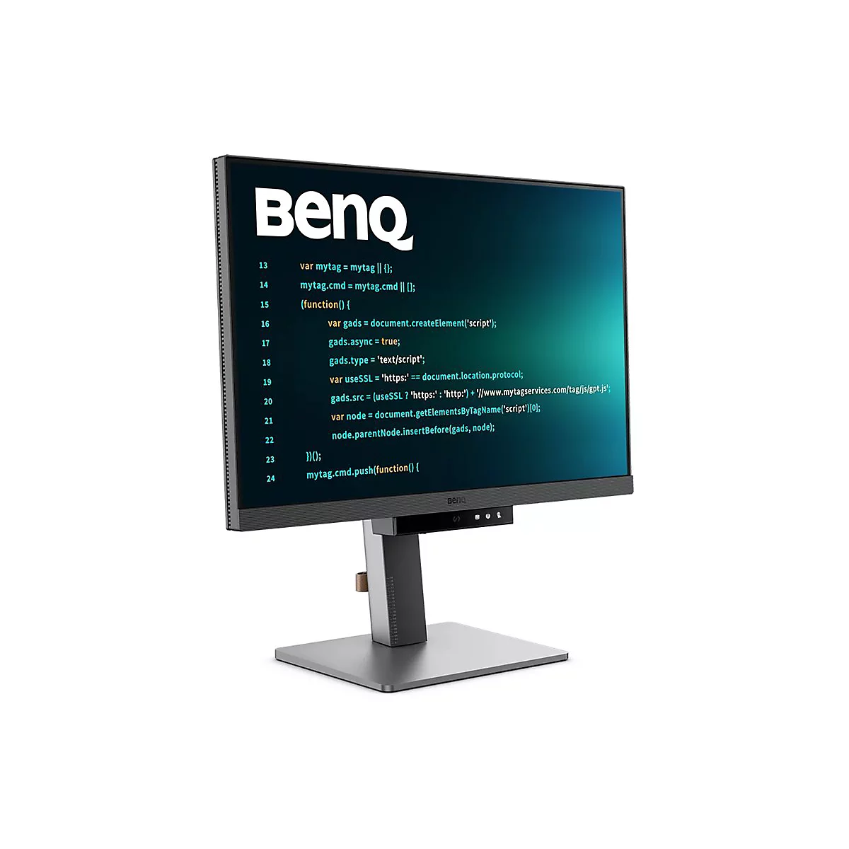 Un moniteur BenQ affichant du code à l'écran. Le moniteur repose sur un pied argenté.