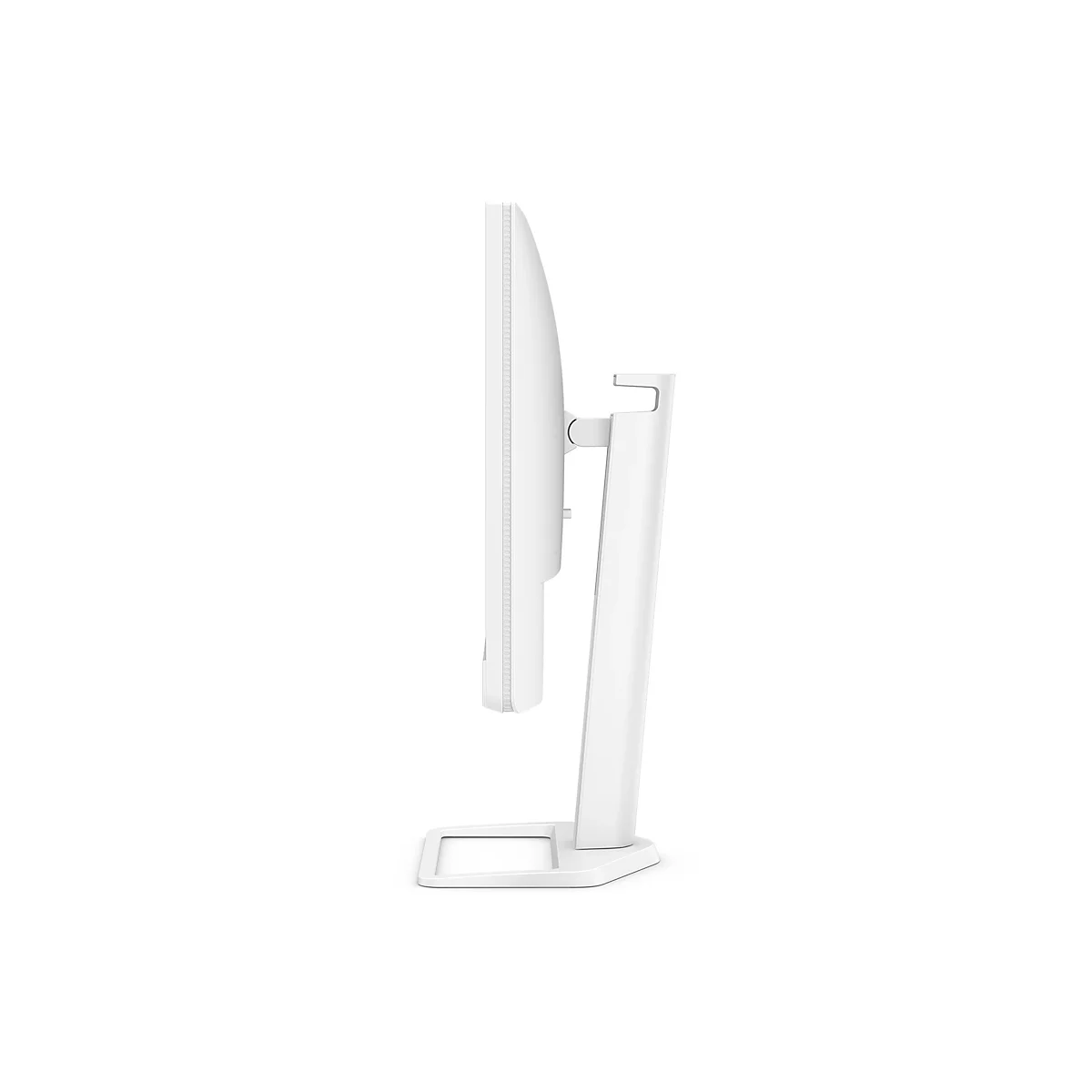 Vue latérale d'un moniteur blanc avec support. Le moniteur a un design élégant avec des bordures étroites. Le support est également blanc et minimaliste.