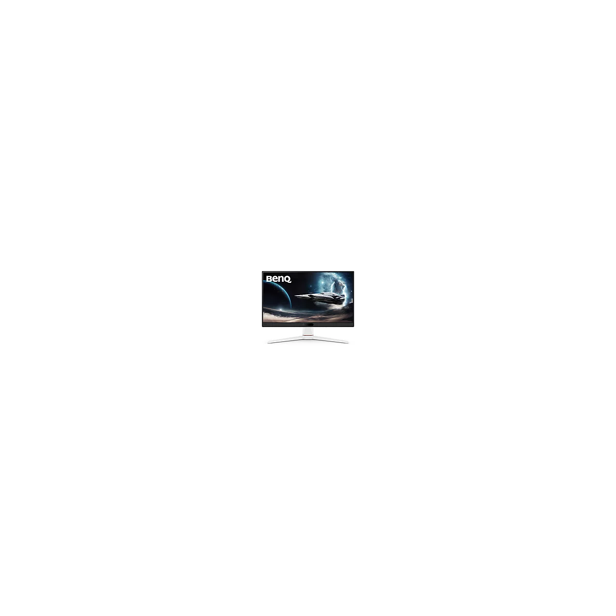 Der Gaming-Monitor zeigt ein Raumschiff, das vor einem kosmischen Hintergrund fliegt. Oben links steht das BenQ-Logo.
