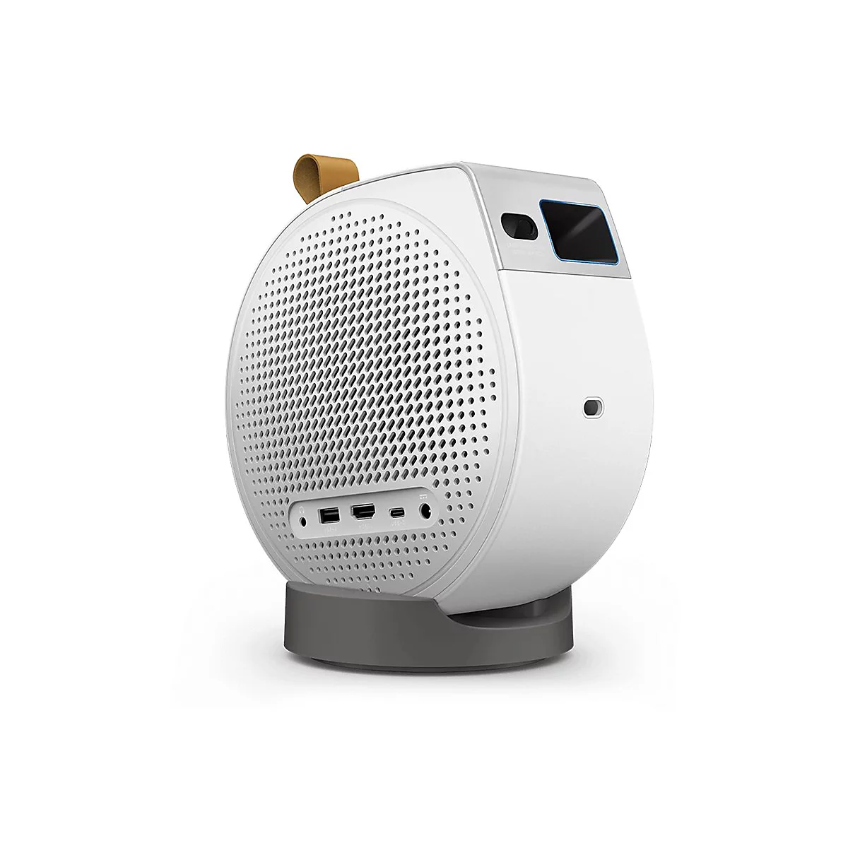 Projecteur blanc rond avec base grise et poignée marron. De nombreux petits trous se trouvent à l'avant.