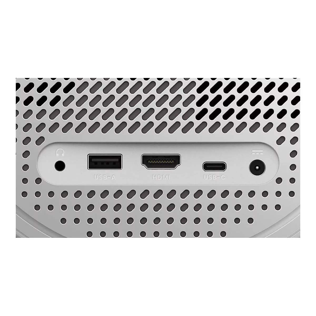 Gros plan de l'arrière d'un appareil technologique gris avec des ports USB-A, HDMI, USB-C et d'alimentation.